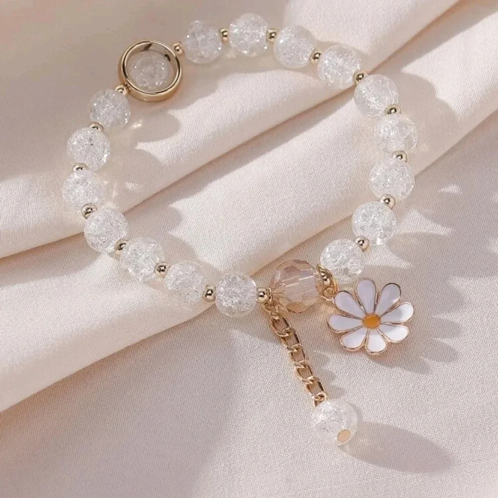 Daisy charm bracelet white gold chain women's dress jewelry cute girls flower